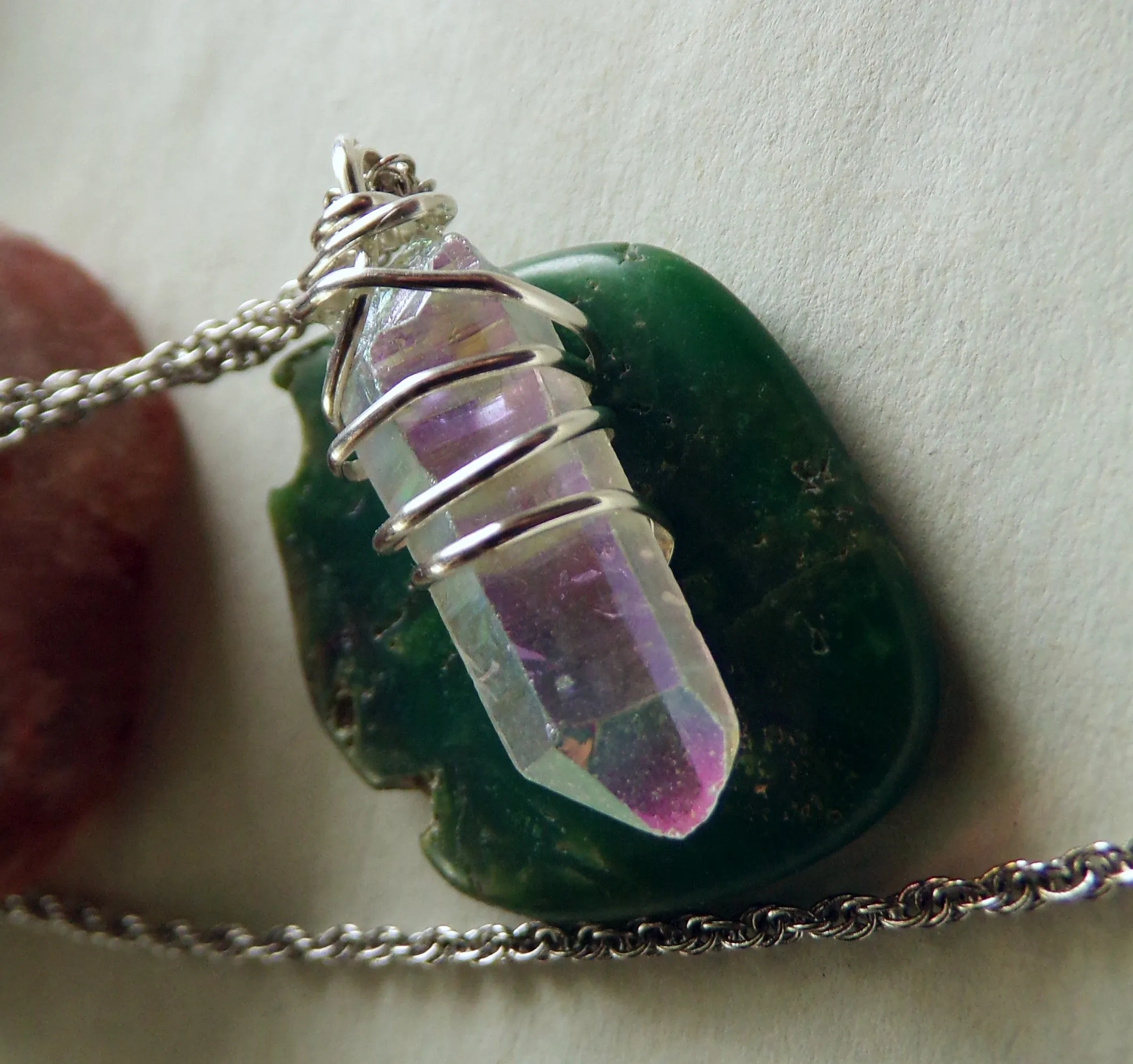 Angel Aura Iridescent Quartz Crystal Wire Wrapped Pendant Necklace