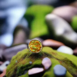 Antique Button Ring Glass with Green And Copper Tones Size 6