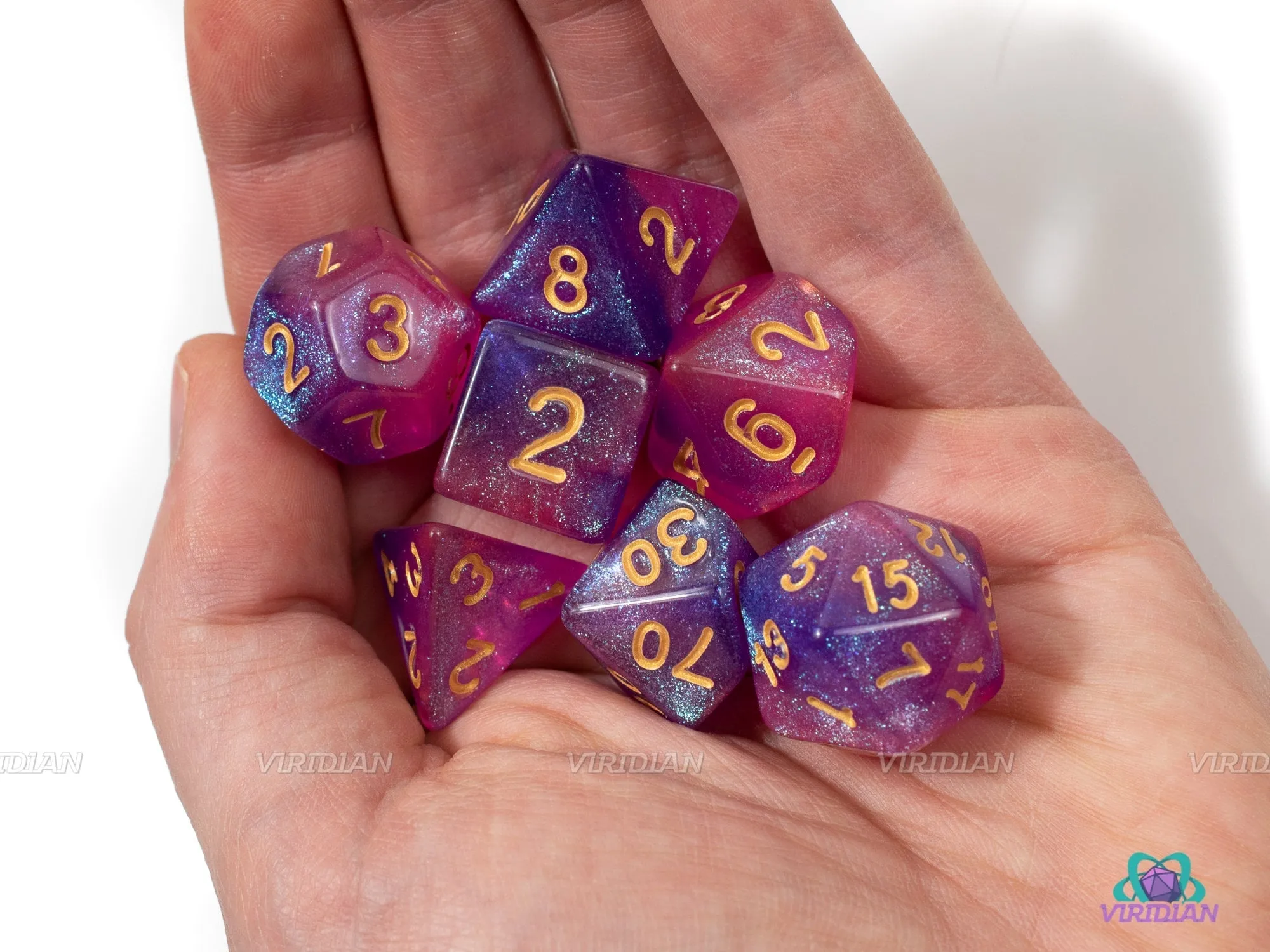 Arcane Spark (Gold) | Pink, Purple Glitter Acrylic Dice Set (7) | Dungeons and Dragons (DnD)