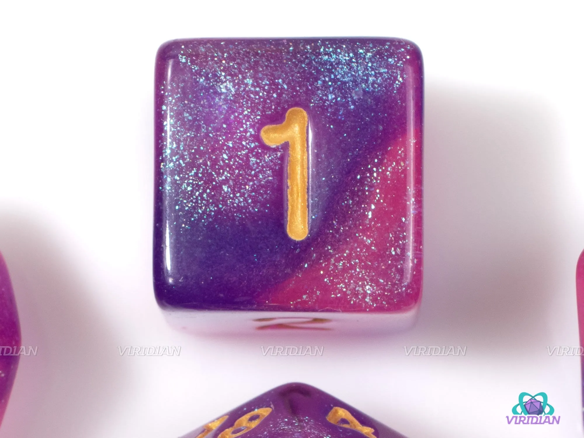 Arcane Spark (Gold) | Pink, Purple Glitter Acrylic Dice Set (7) | Dungeons and Dragons (DnD)