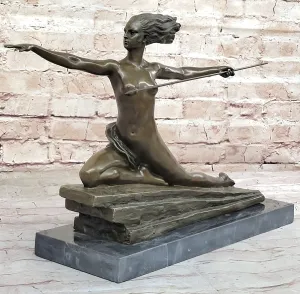 Art Deco Female Warrior Bronze Sculpture Marble Base Figurine Statue Sale