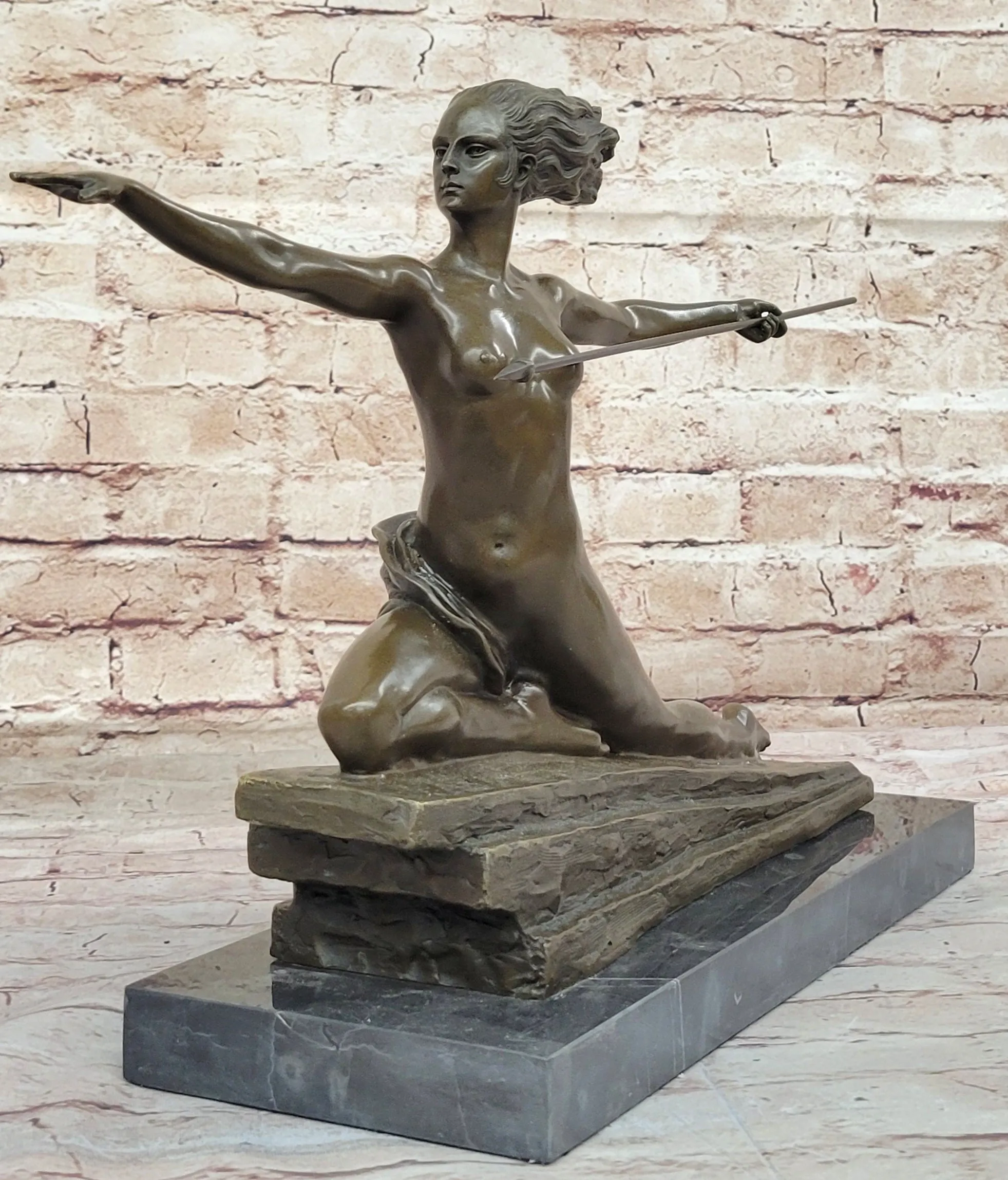 Art Deco Female Warrior Bronze Sculpture Marble Base Figurine Statue Sale