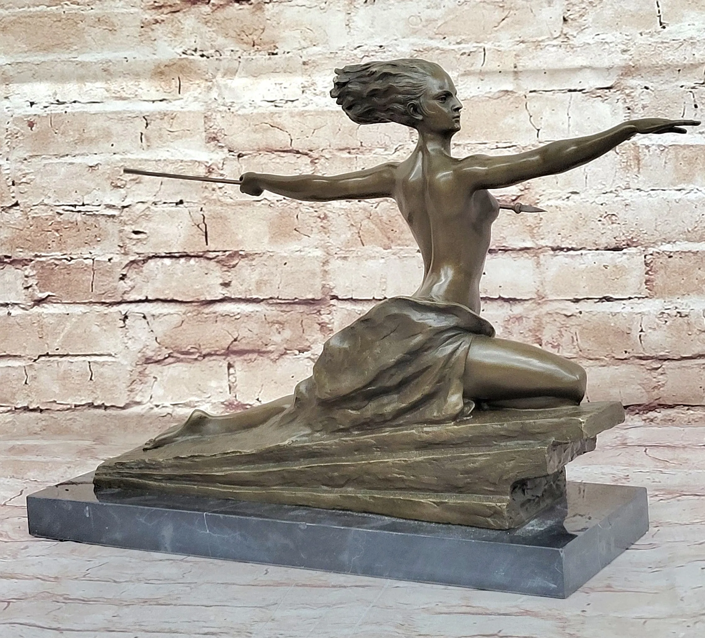 Art Deco Female Warrior Bronze Sculpture Marble Base Figurine Statue Sale