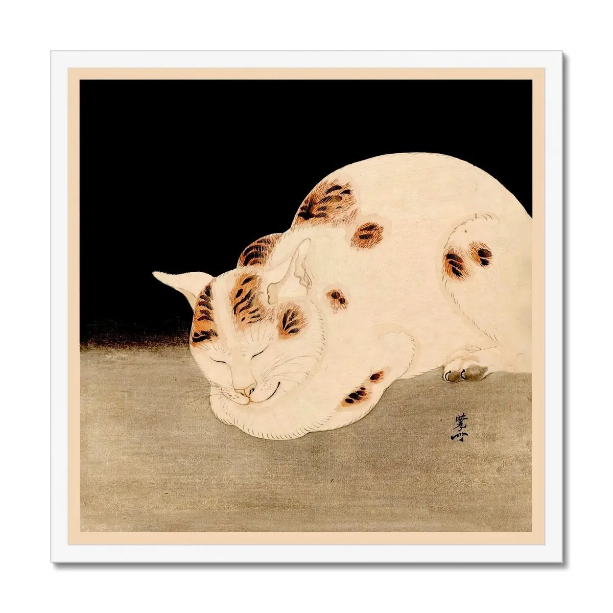 Cute Sleeping Cat (Kawanabe Kyosai) Woodblock Japanese Meiji Ukiyo-e Antique Feline Vintage Kawaii Framed Art Print