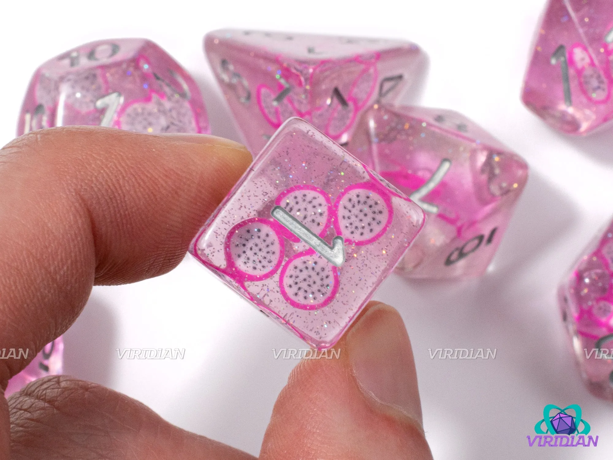 Dungeons & Dragonfruit | Pomegranate, Hot and Pastel Pink, White, Translucent | Resin Dice Set (7)