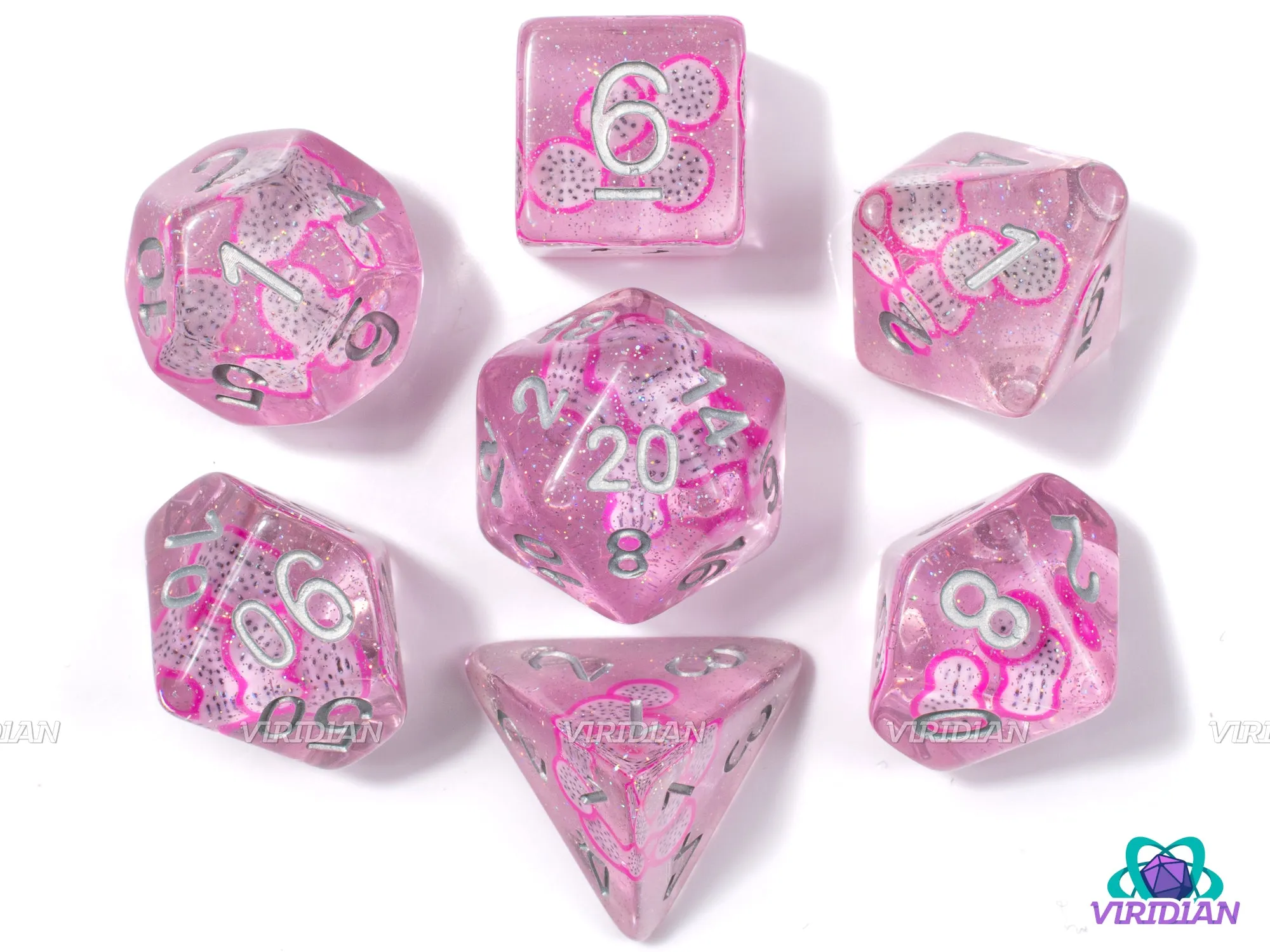 Dungeons & Dragonfruit | Pomegranate, Hot and Pastel Pink, White, Translucent | Resin Dice Set (7)