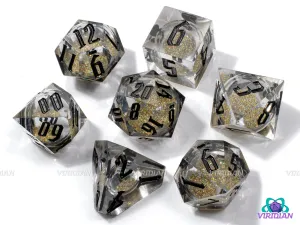 Glistening Sands (Liquid Core) | Clear, Sharp Edged, with Gold Glitter | Resin Dice Set (7)