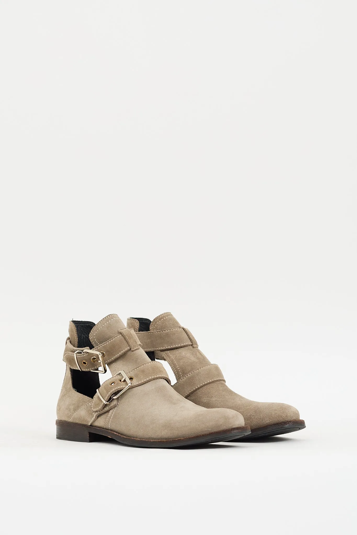 Grey Suede Buckled Cut Out Ankle Boot