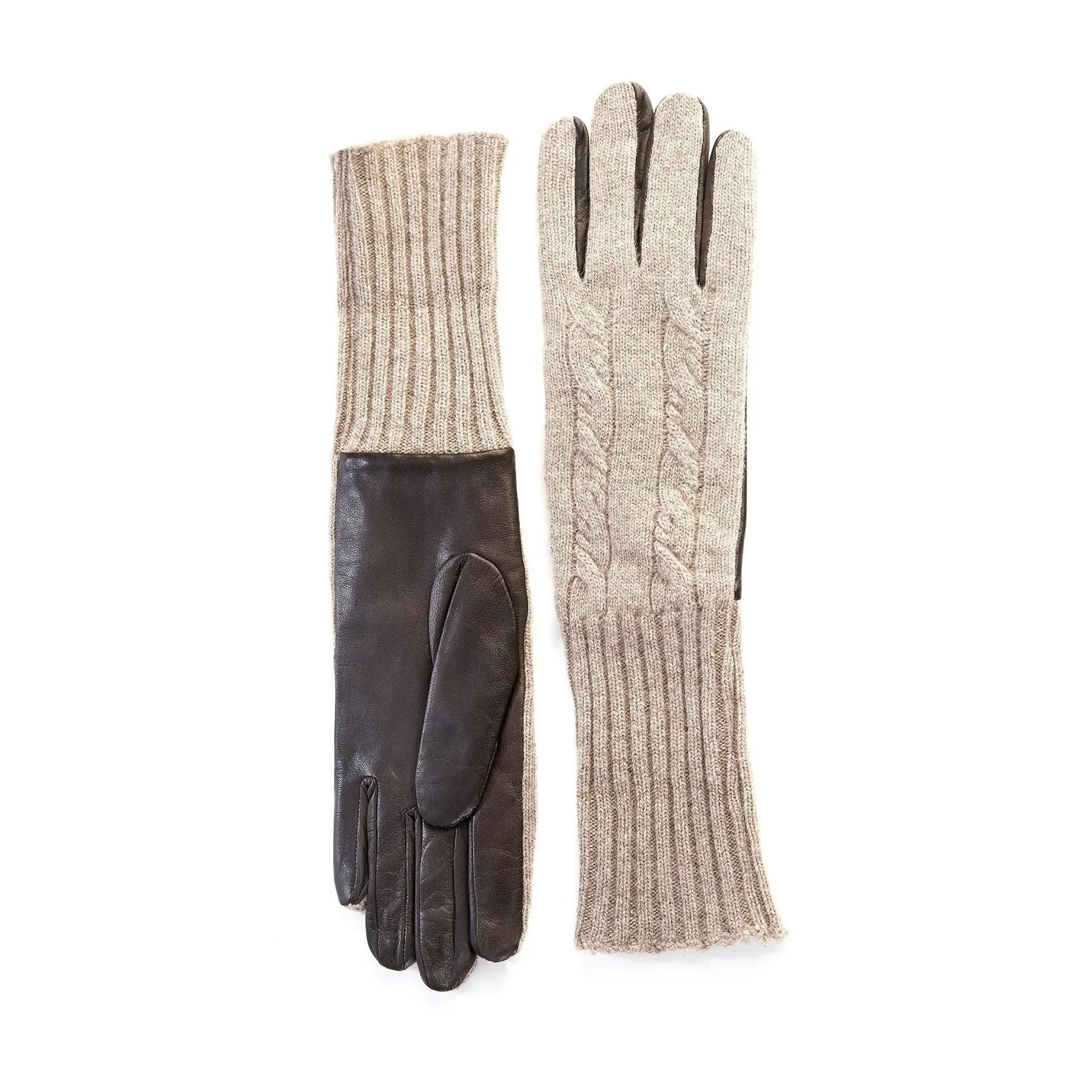 Men's leather gloves with woven cashmere top and lining  in color brown and beige