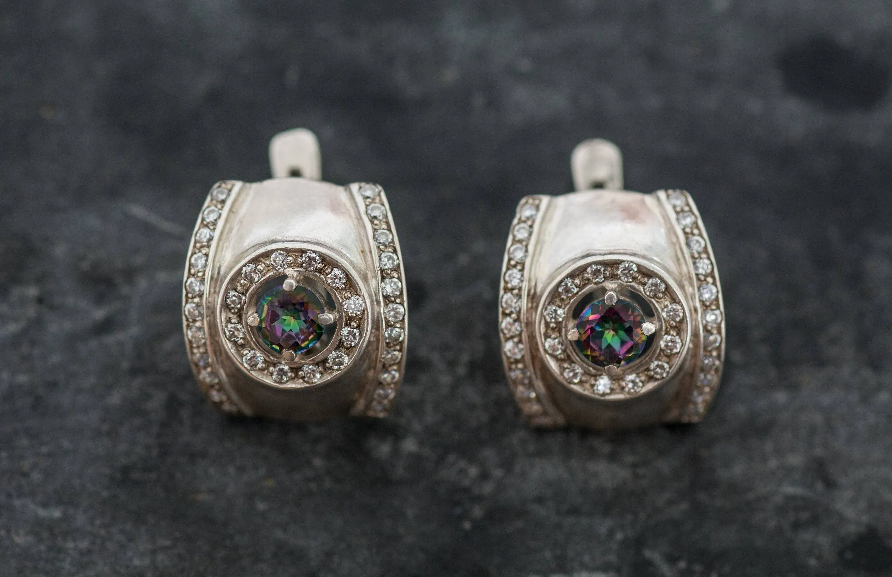 Mystic Topaz Earrings - Purple Dome Earrings - Wide Silver Huggies