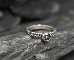 Mystic Topaz Ring - Purple Solitaire Ring - Braided Silver Band