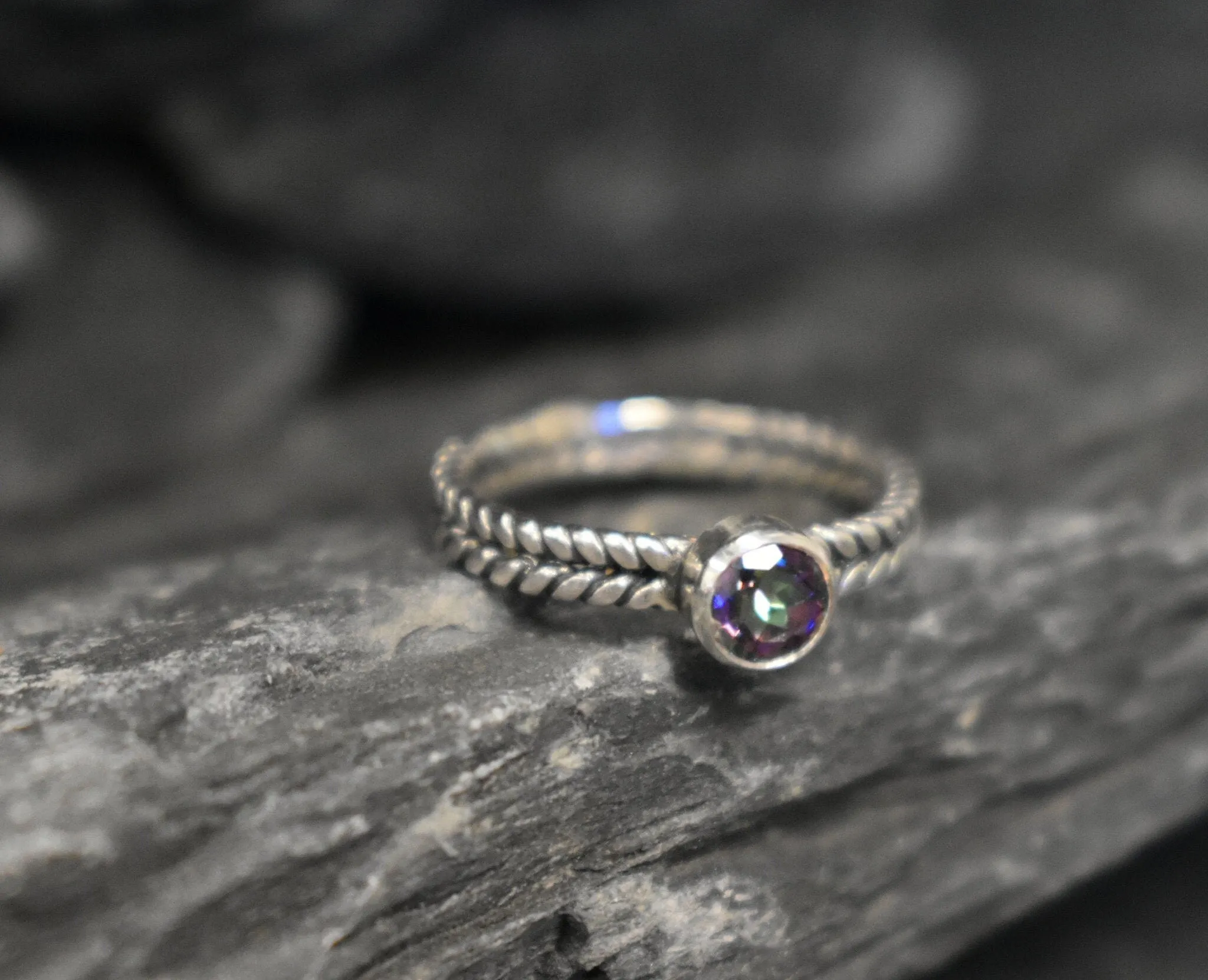 Mystic Topaz Ring - Purple Solitaire Ring - Braided Silver Band