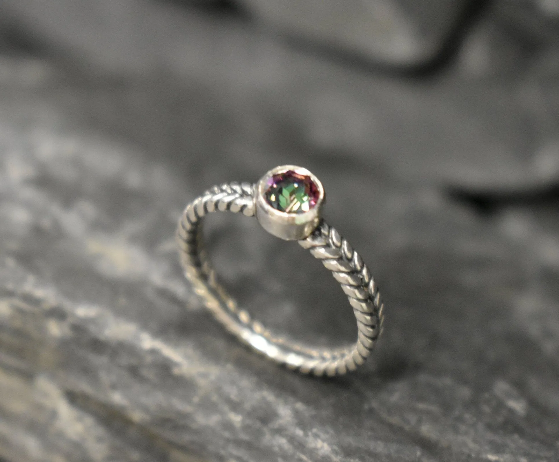 Mystic Topaz Ring - Purple Solitaire Ring - Braided Silver Band