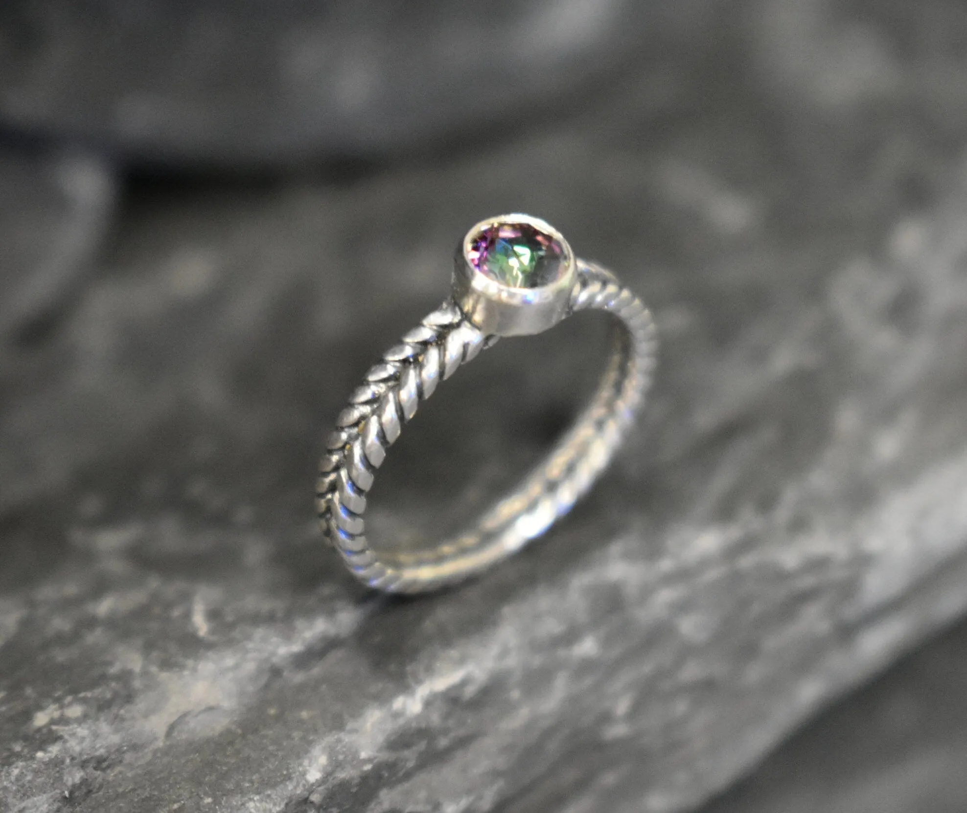 Mystic Topaz Ring - Purple Solitaire Ring - Braided Silver Band