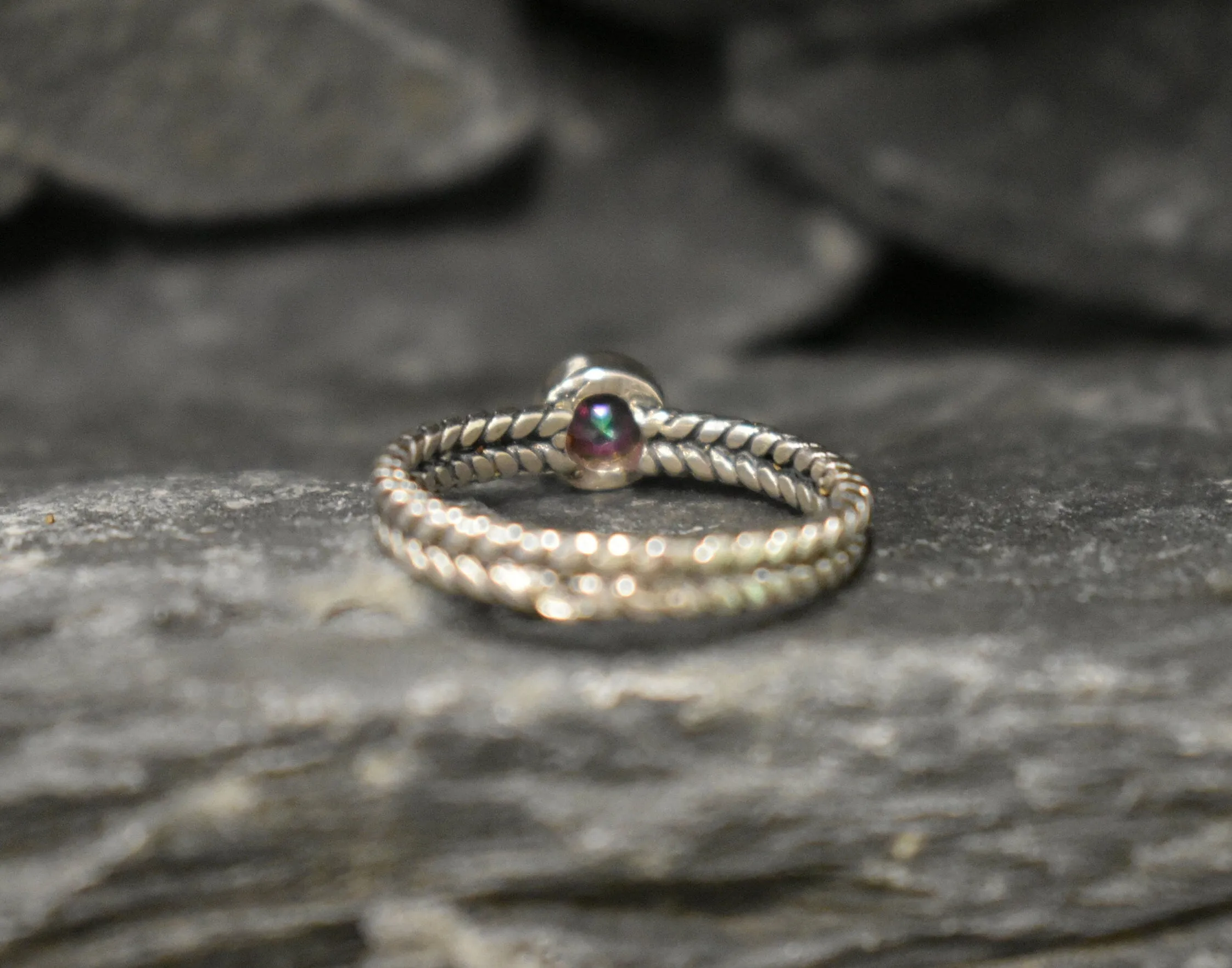 Mystic Topaz Ring - Purple Solitaire Ring - Braided Silver Band