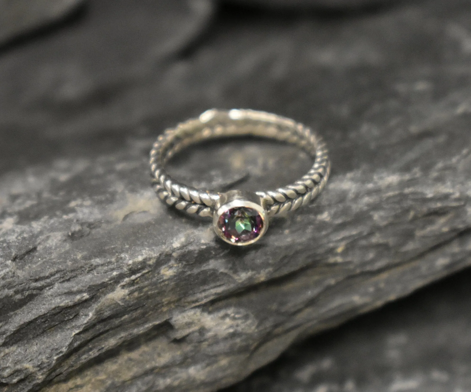 Mystic Topaz Ring - Purple Solitaire Ring - Braided Silver Band