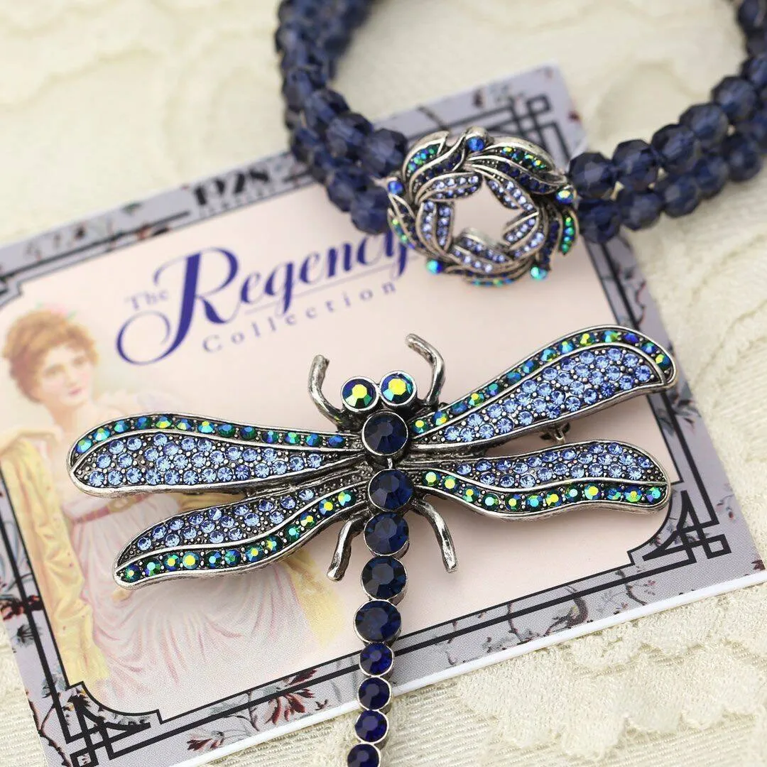 Regency Giovane Iridescent AB Crystal & Blue Stone Dragonfly Brooch