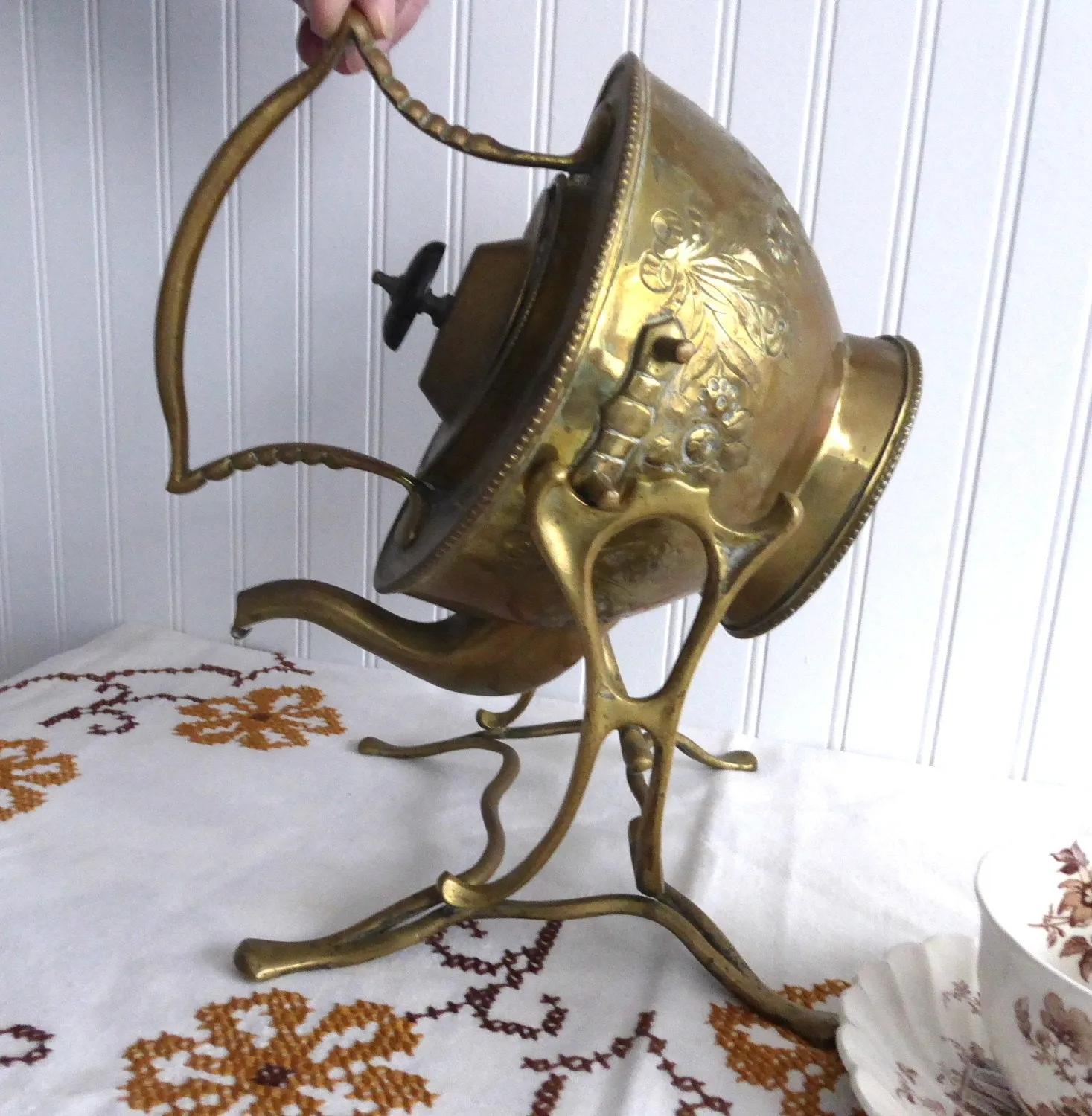 Tipping Tea Kettle Spirit Kettle Soutter Ornate Brass Mid Victorian 1870s Floral Teapot