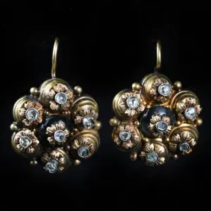 Victorian 14k Yellow Gold Onyx and Diamond Earrings