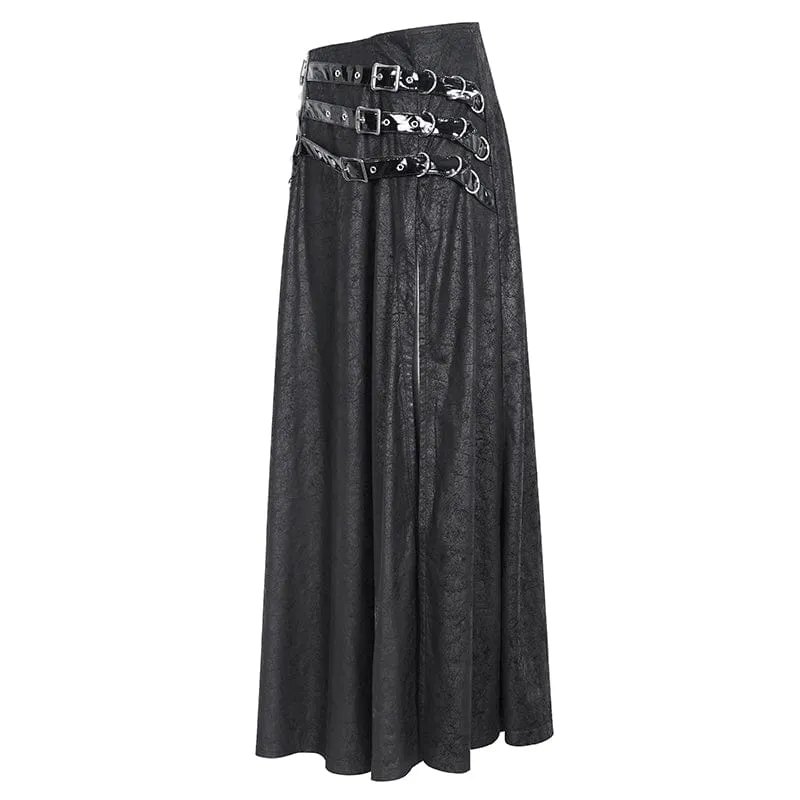 Women's Gothic Buckle Stud Side Slit Long Skirt