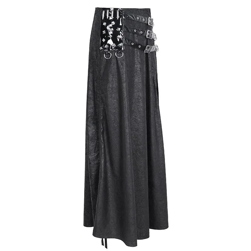 Women's Gothic Buckle Stud Side Slit Long Skirt