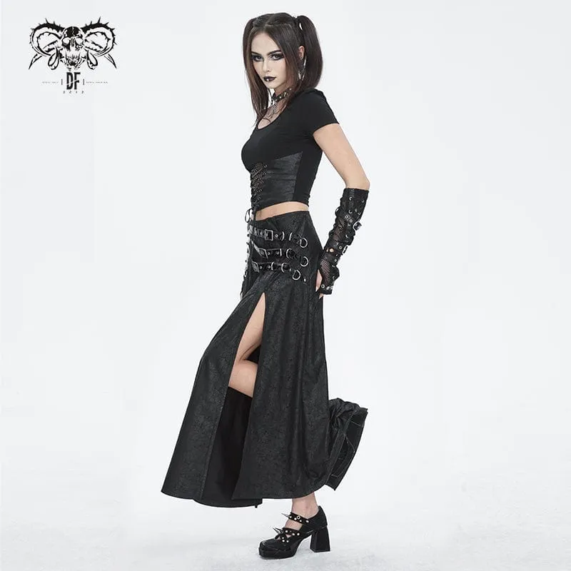 Women's Gothic Buckle Stud Side Slit Long Skirt