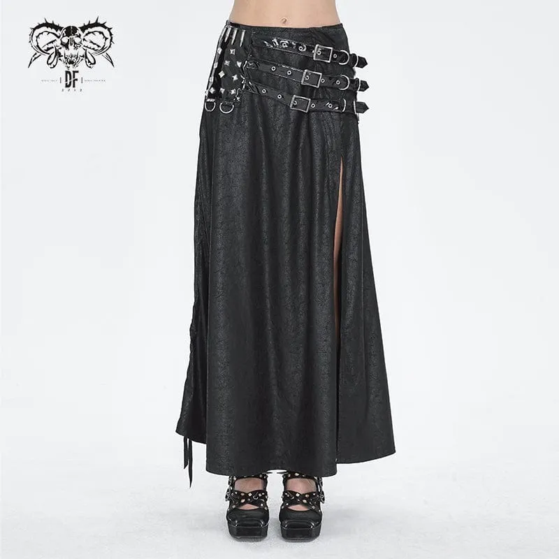 Women's Gothic Buckle Stud Side Slit Long Skirt